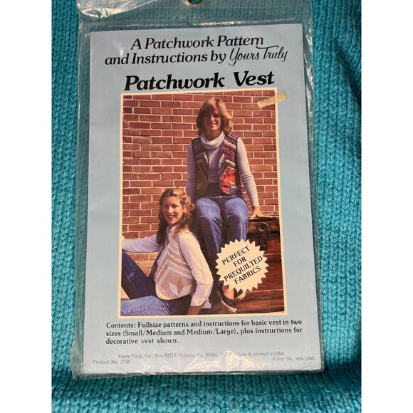 Sewing pattern quilted patchwork vest 1980s boho Size Small Medium Large - Picture 1 of 6